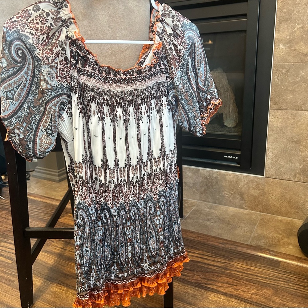 Lax Pari BOHO Style Paisley Print Women's  Short Sleeve Cotton Top Size Small